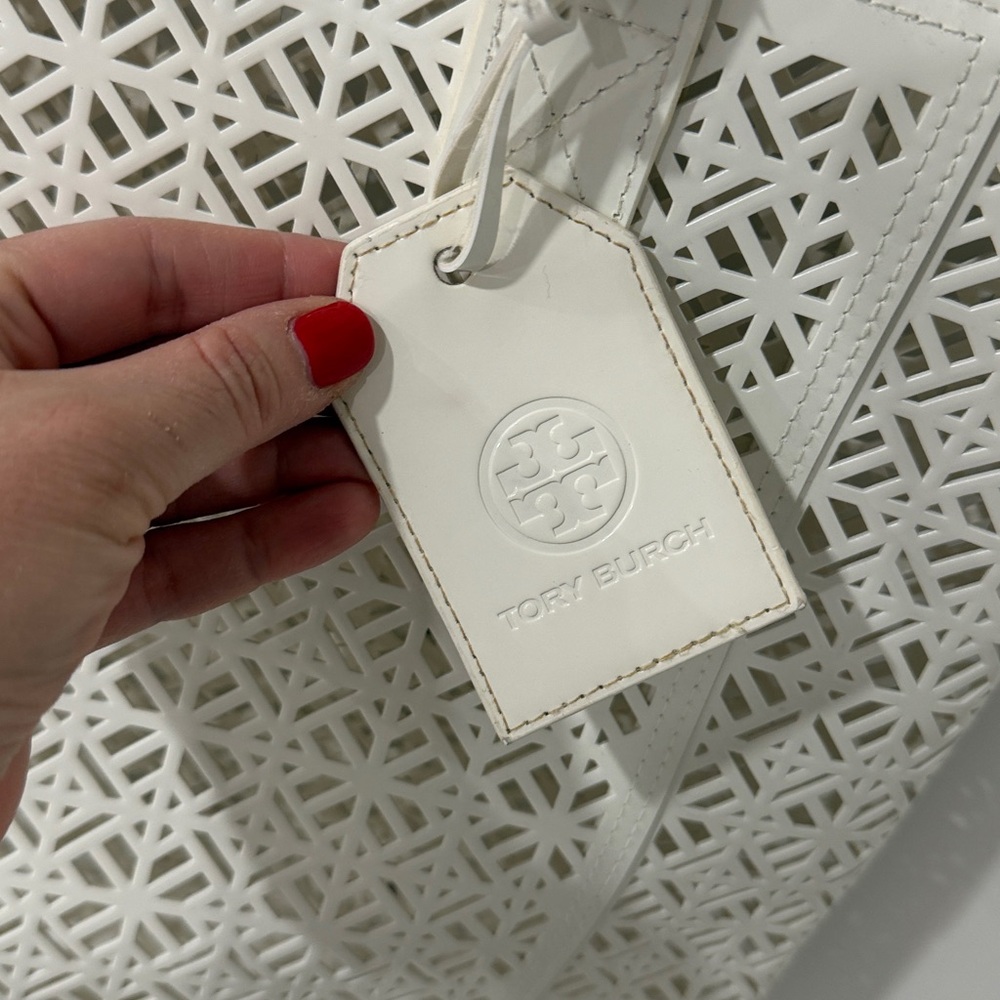 Tory Burch White Laser-Cut Leather Tote - Picture 2 of 8